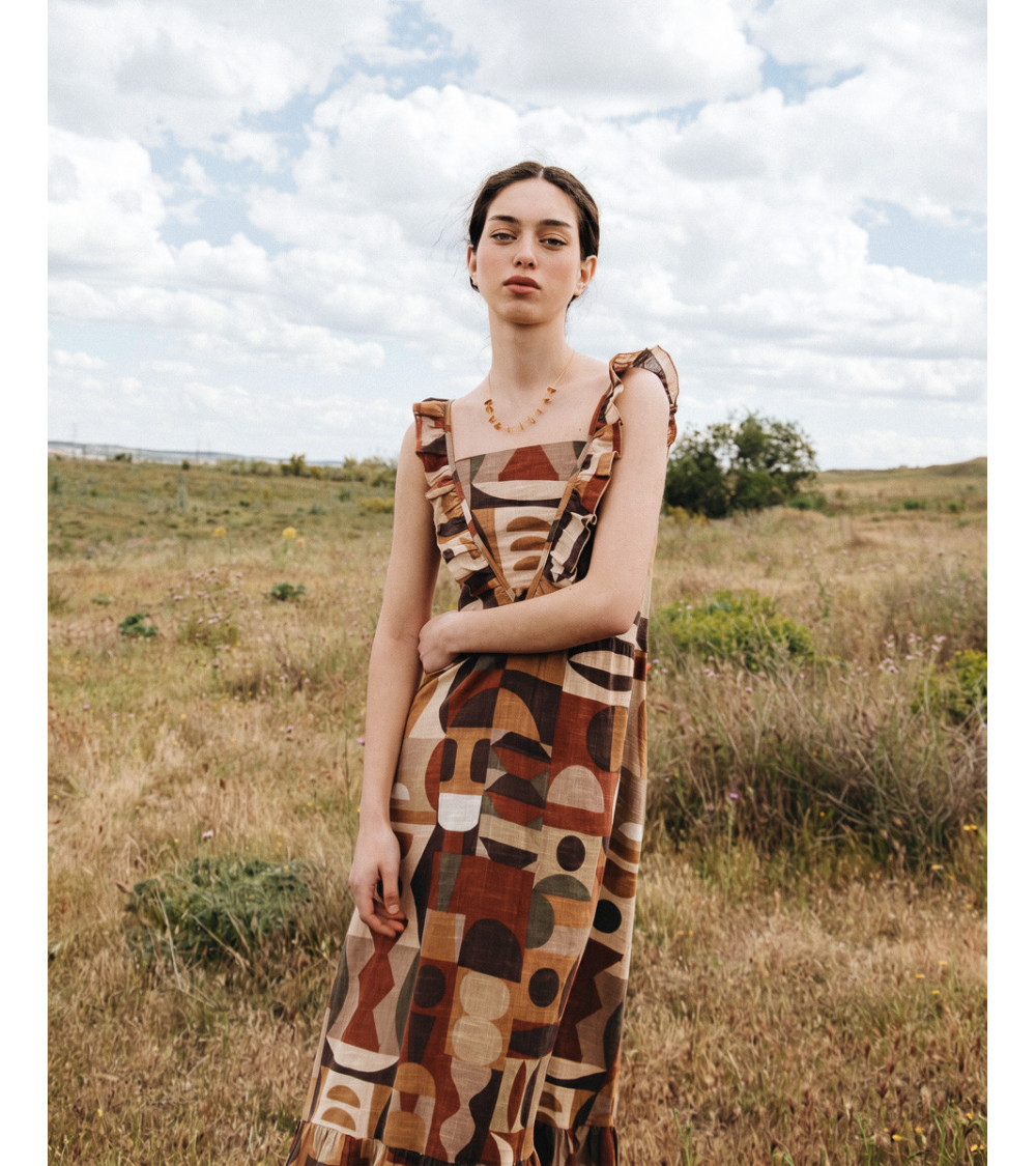 VESTIDO LARGO ESTAMPADO CON VOLANTES | MULAYA