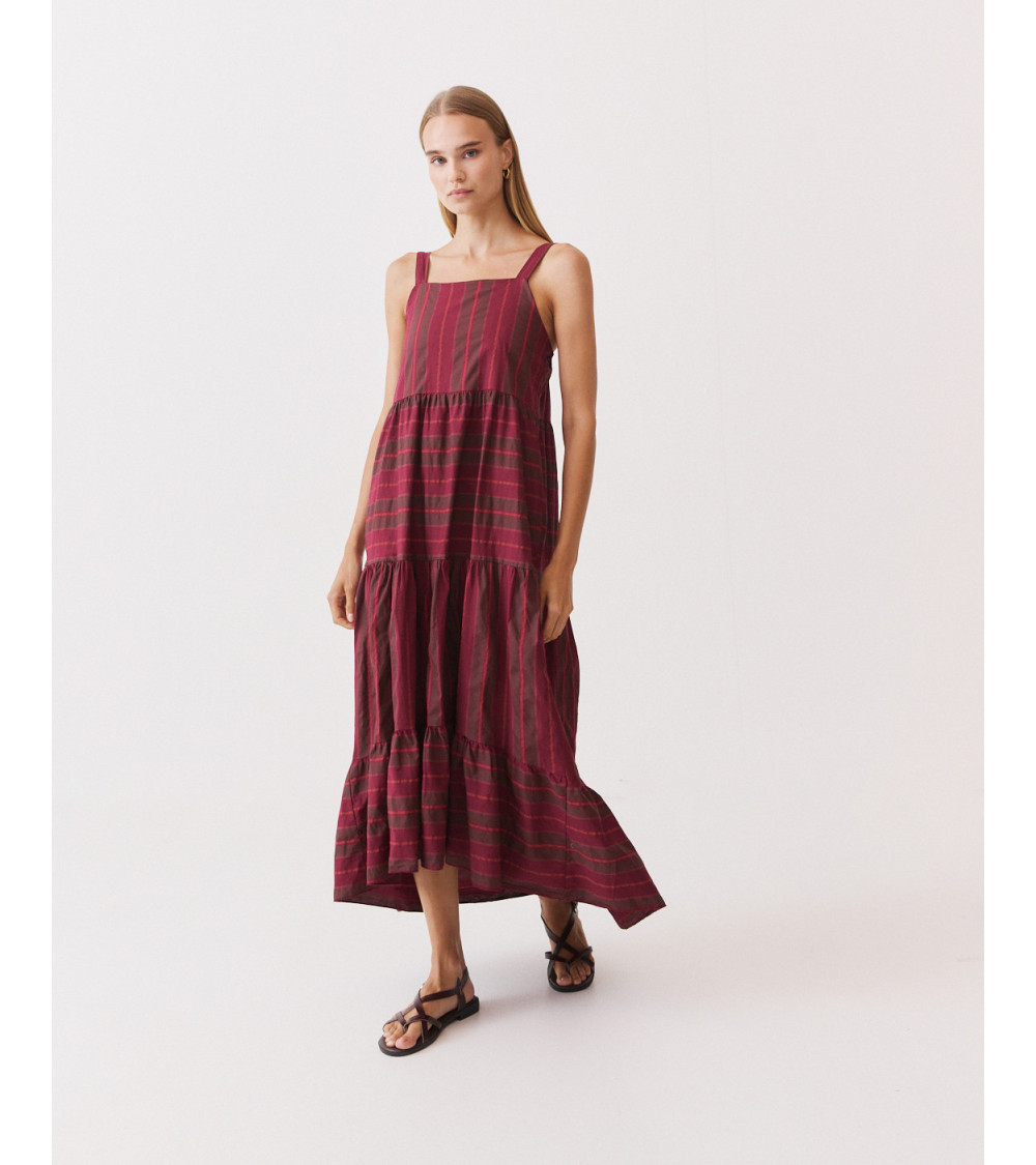 VESTIDO LARGO TIRANTES RAYAS VOLANTE | MULAYA