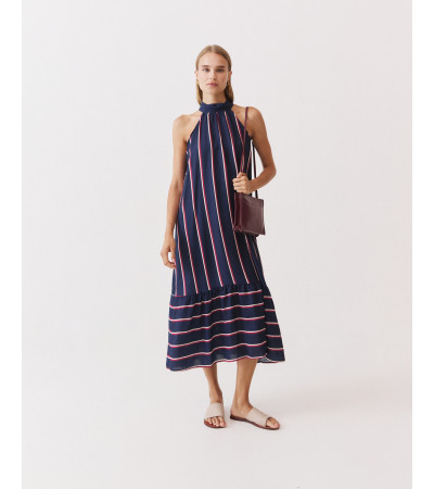 VESTIDO LARGO HALTER RAYAS VOLANTE | MULAYA