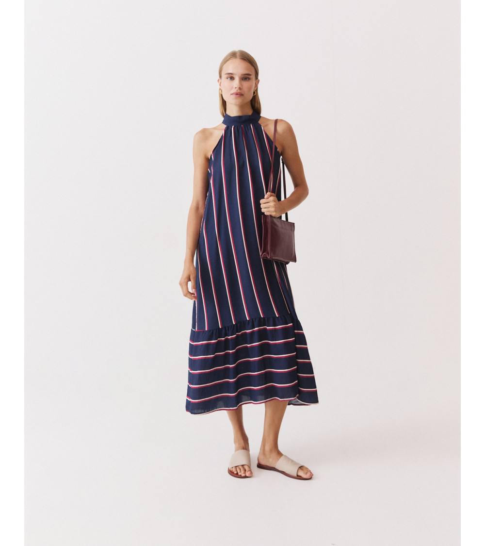 VESTIDO LARGO HALTER RAYAS VOLANTE | MULAYA