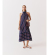 VESTIDO LARGO HALTER RAYAS VOLANTE | MULAYA