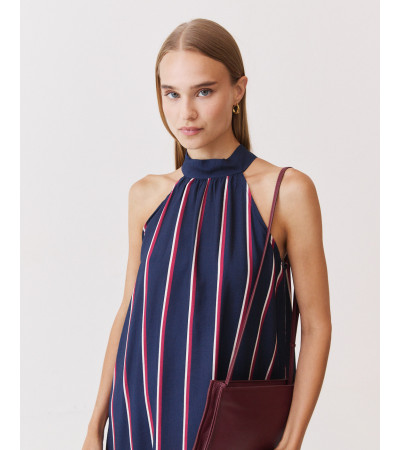VESTIDO LARGO HALTER RAYAS VOLANTE | MULAYA