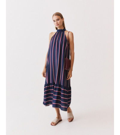 VESTIDO LARGO HALTER RAYAS VOLANTE | MULAYA