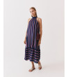VESTIDO LARGO HALTER RAYAS VOLANTE | MULAYA