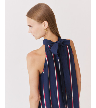 VESTIDO LARGO HALTER RAYAS VOLANTE | MULAYA