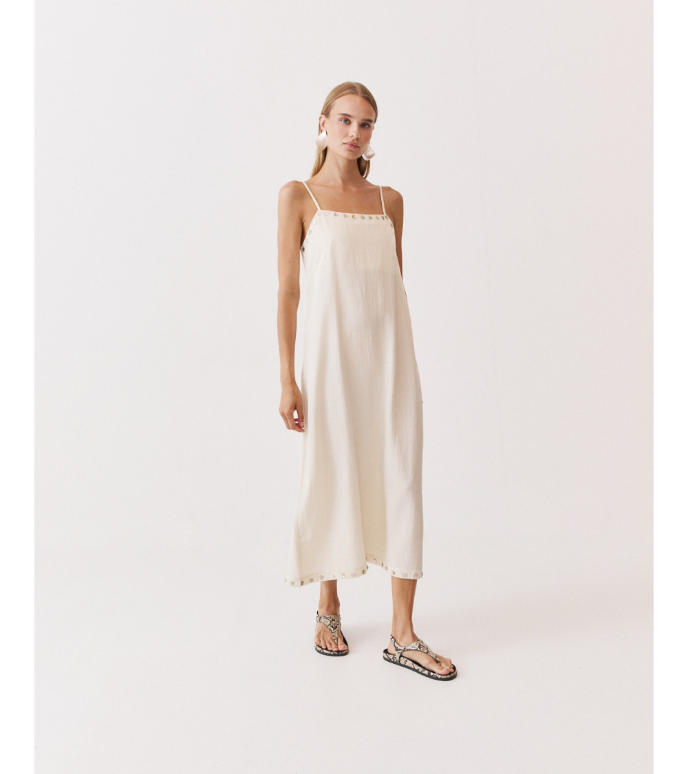 VESTIDO LARGO ESCOTE CUADRADO TIRANTES BOTONES | MULAYA
