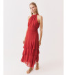 VESTIDO LARGO HALTER VOLANTES CAPAS DRAPEADO | MULAYA