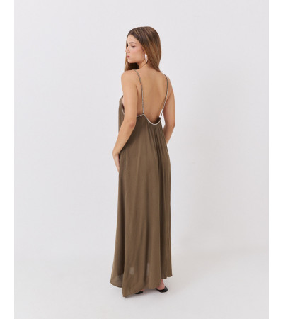 VESTIDO LARGO DE TIRANTES CON CANUTILLOS BRILLANTES | MULAYA