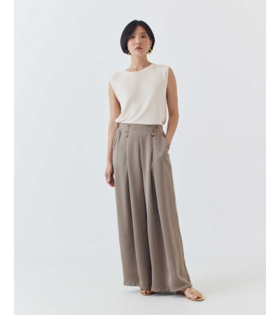 PANTALÓN WIDE LEG SATINADO CON BOTONES Y PINZAS | MULAYA