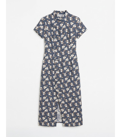 VESTIDO LARGO ESTAMPADO FLORES CUELLO MAO MANGA | MULAYA