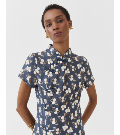 VESTIDO LARGO ESTAMPADO FLORES CUELLO MAO MANGA | MULAYA