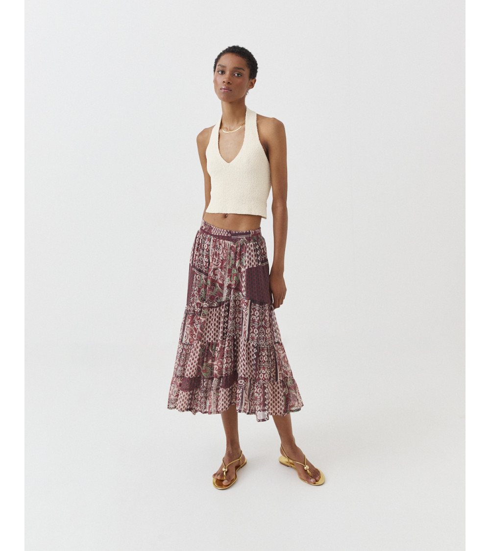 FALDA MIDI ESTAMPADA ASIMÉTRICA VOLANTE | MULAYA (48 caracteres)