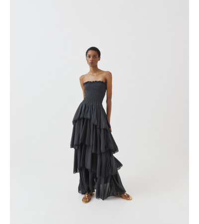 VESTIDO LARGO STRAPLESS VOLANTES PANAL ABEJA | MULAYA
