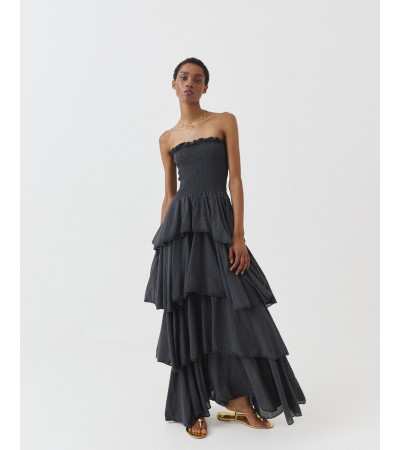 VESTIDO LARGO STRAPLESS VOLANTES PANAL ABEJA | MULAYA