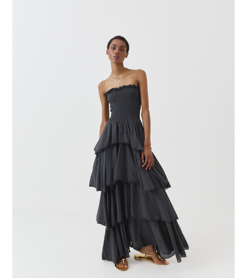 VESTIDO LARGO STRAPLESS VOLANTES PANAL ABEJA | MULAYA