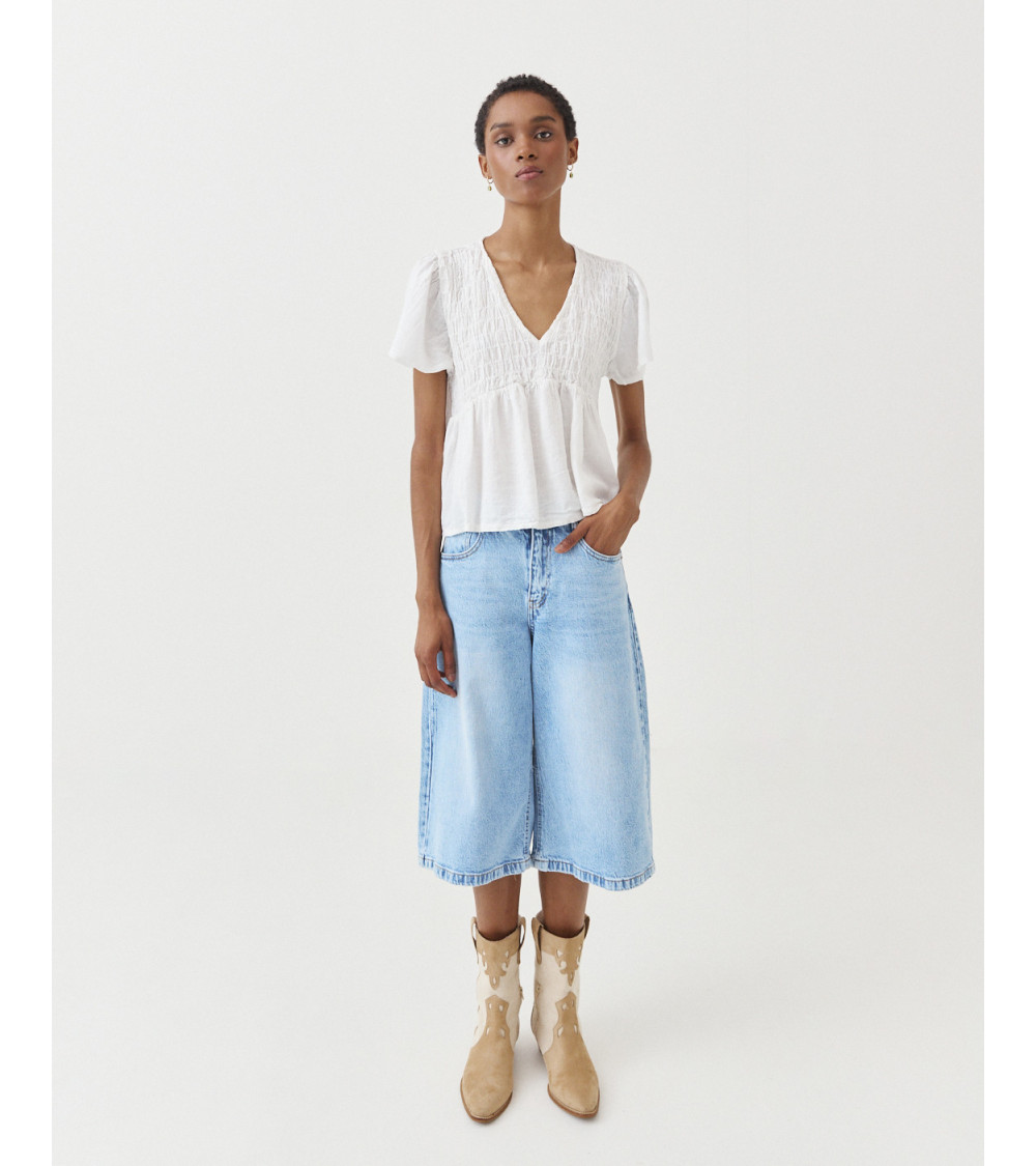 BLUSA LINO CUELLO V NIDO ABEJA VOLANTES | MULAYA
