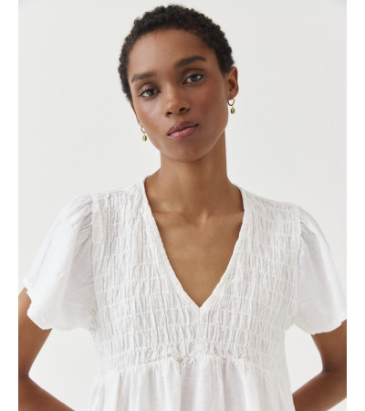 BLUSA LINO CUELLO V NIDO ABEJA VOLANTES | MULAYA