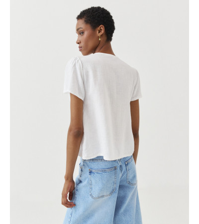BLUSA LINO CUELLO V NIDO ABEJA VOLANTES | MULAYA