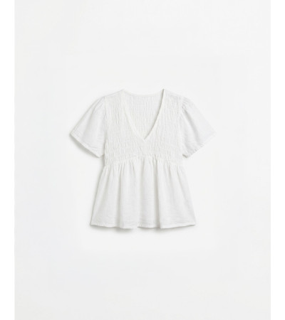 BLUSA LINO CUELLO V NIDO ABEJA VOLANTES | MULAYA