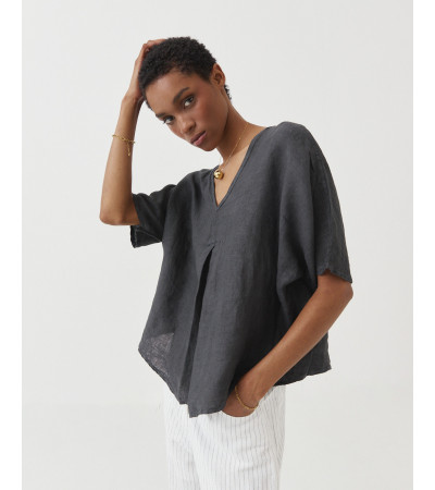 BLUSA LINO CUELLO V MANGA MURCIÉLAGO | MULAYA