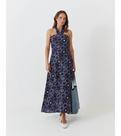 VESTIDO LARGO HALTER LAZADA ESTAMPADO GEOMÉTRICO | MULAYA
