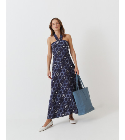 VESTIDO LARGO HALTER LAZADA ESTAMPADO GEOMÉTRICO | MULAYA