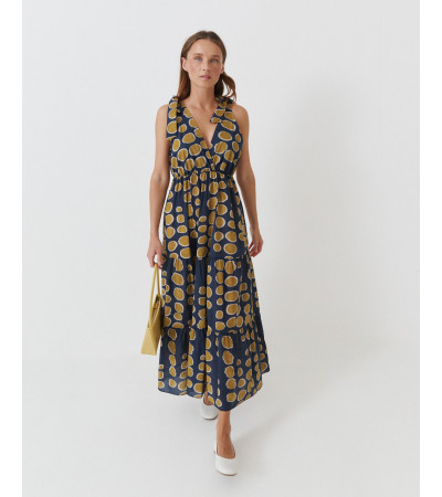VESTIDO LARGO ESCOTE V TIRANTES LAZADA VOLANTE | MULAYA