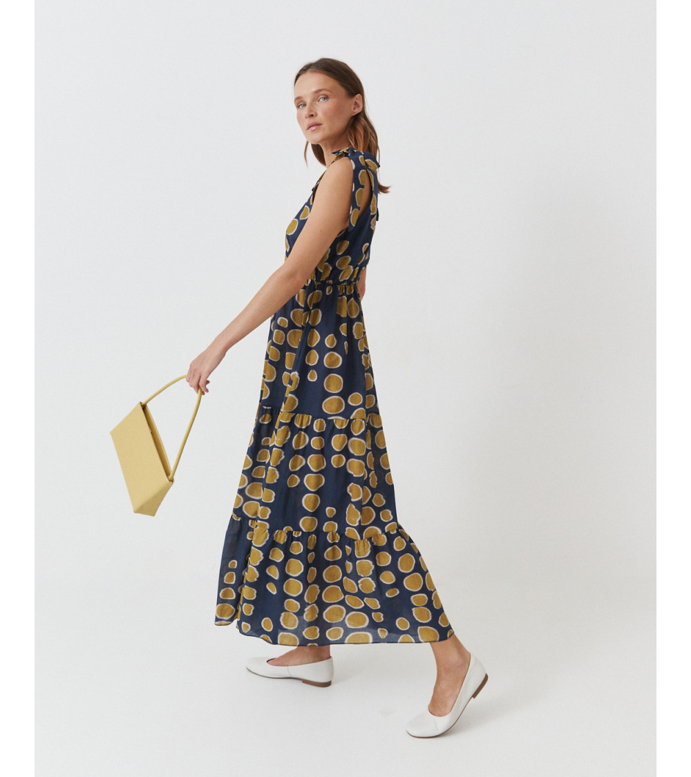 VESTIDO LARGO ESCOTE V TIRANTES LAZADA VOLANTE | MULAYA