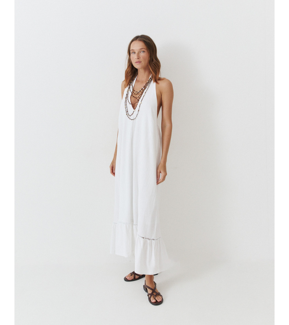 VESTIDO LARGO HALTER LAZADA ESPALDA ABIERTA ENCAJE | MULAYA