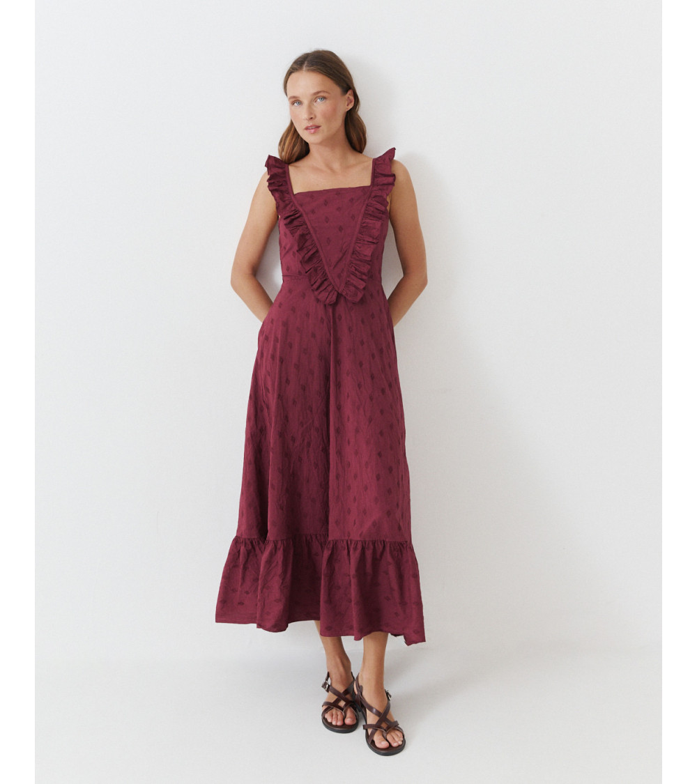 VESTIDO LARGO ESCOTE CUADRADO TIRANTES VOLANTES | MULAYA