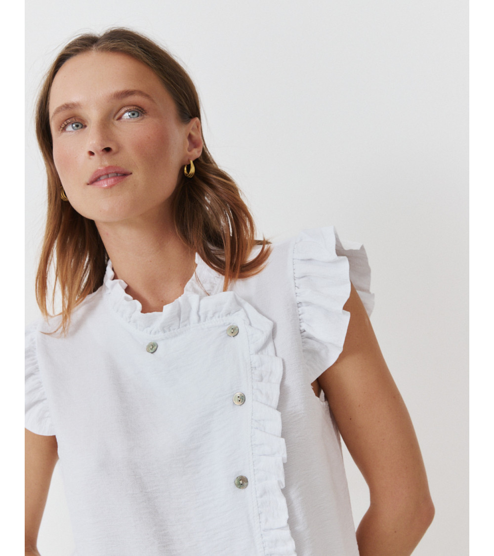 BLUSA CUELLO REDONDO MINI VOLANTES BOTONES ASIMÉTRICO | MULAYA