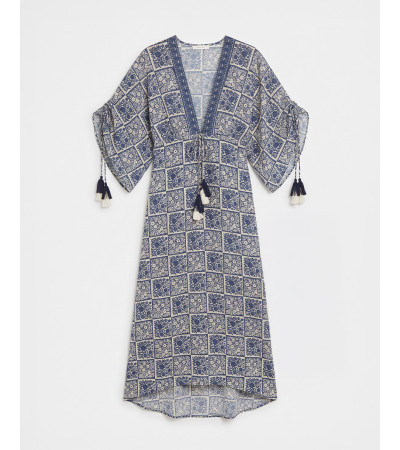 VESTIDO LARGO FLORAL ESCOTE V MANGA KIMONO BORLAS | MULAYA