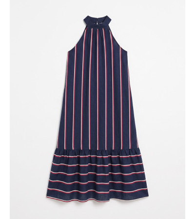 VESTIDO LARGO HALTER RAYAS VOLANTE | MULAYA