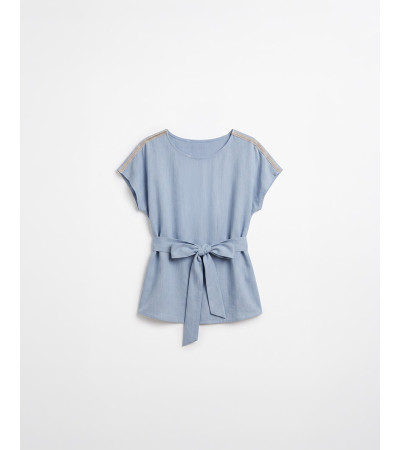 BLUSA CON DETALLES DE BRILLOS Y CINTURÓN | MULAYA