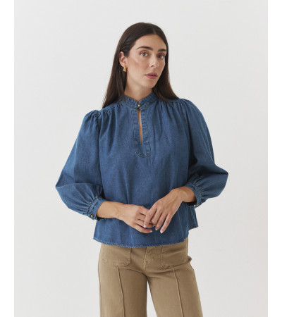 Blusa Denim con Cuello Mao y Escote para mujer | MULAYA