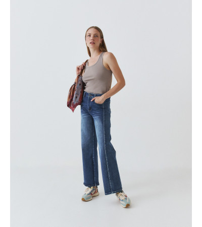 Jeans wide leg elastizado costura frontal | Mulaya