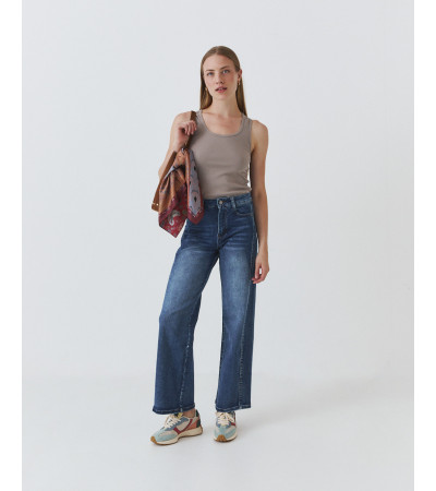 Jeans wide leg elastizado costura frontal | Mulaya
