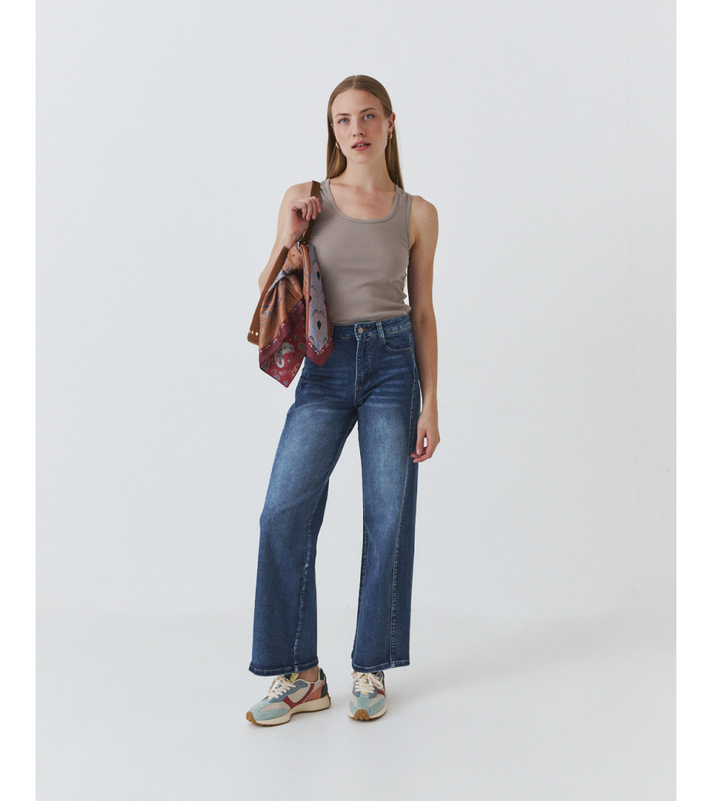 Jeans wide leg elastizado costura frontal | Mulaya