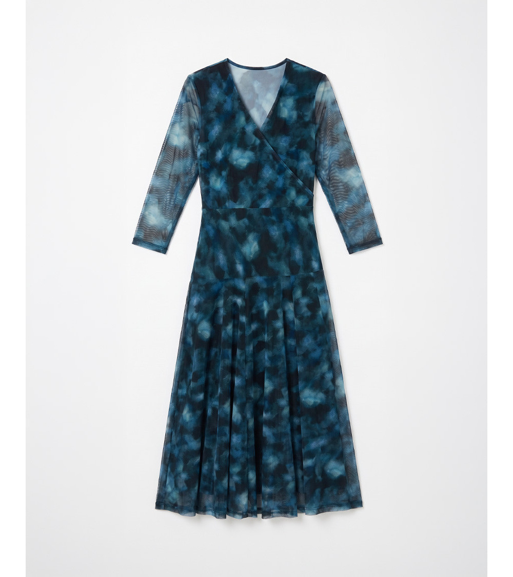 VESTIDO LARGO TUL ESTAMPADO ESCOTE V MANGA | MULAYA