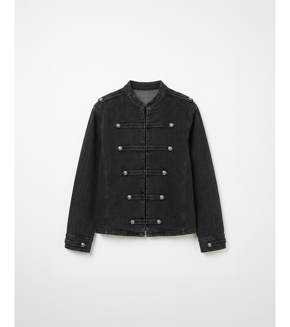 CHAQUETA DENIM CUELLO MAO ALAMARES PLATA | MULAYA