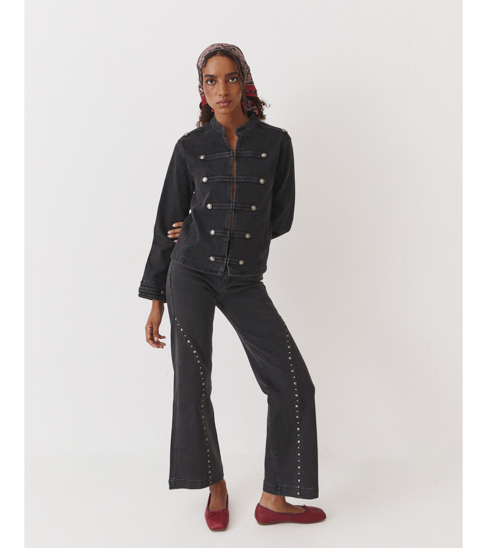 CHAQUETA DENIM CUELLO MAO ALAMARES PLATA | MULAYA