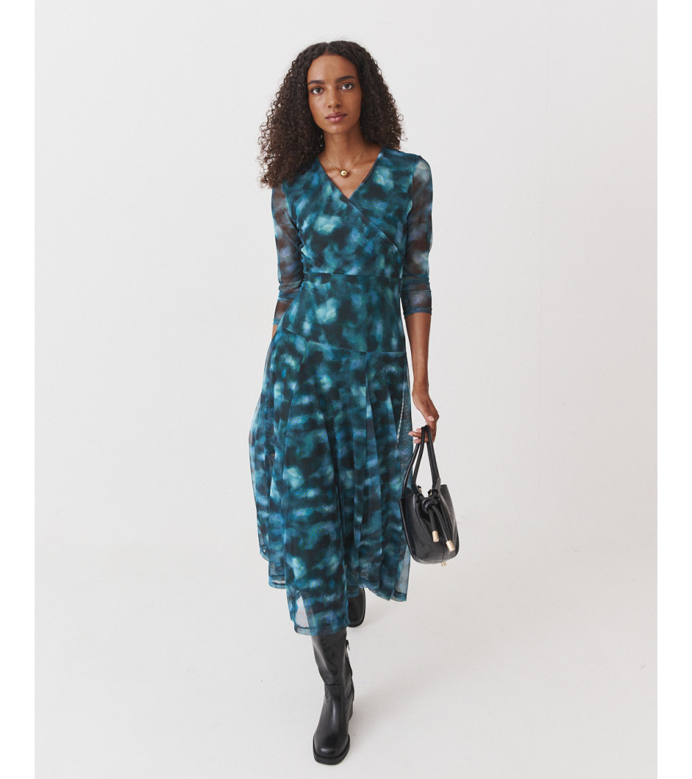VESTIDO LARGO TUL ESTAMPADO ESCOTE V MANGA | MULAYA