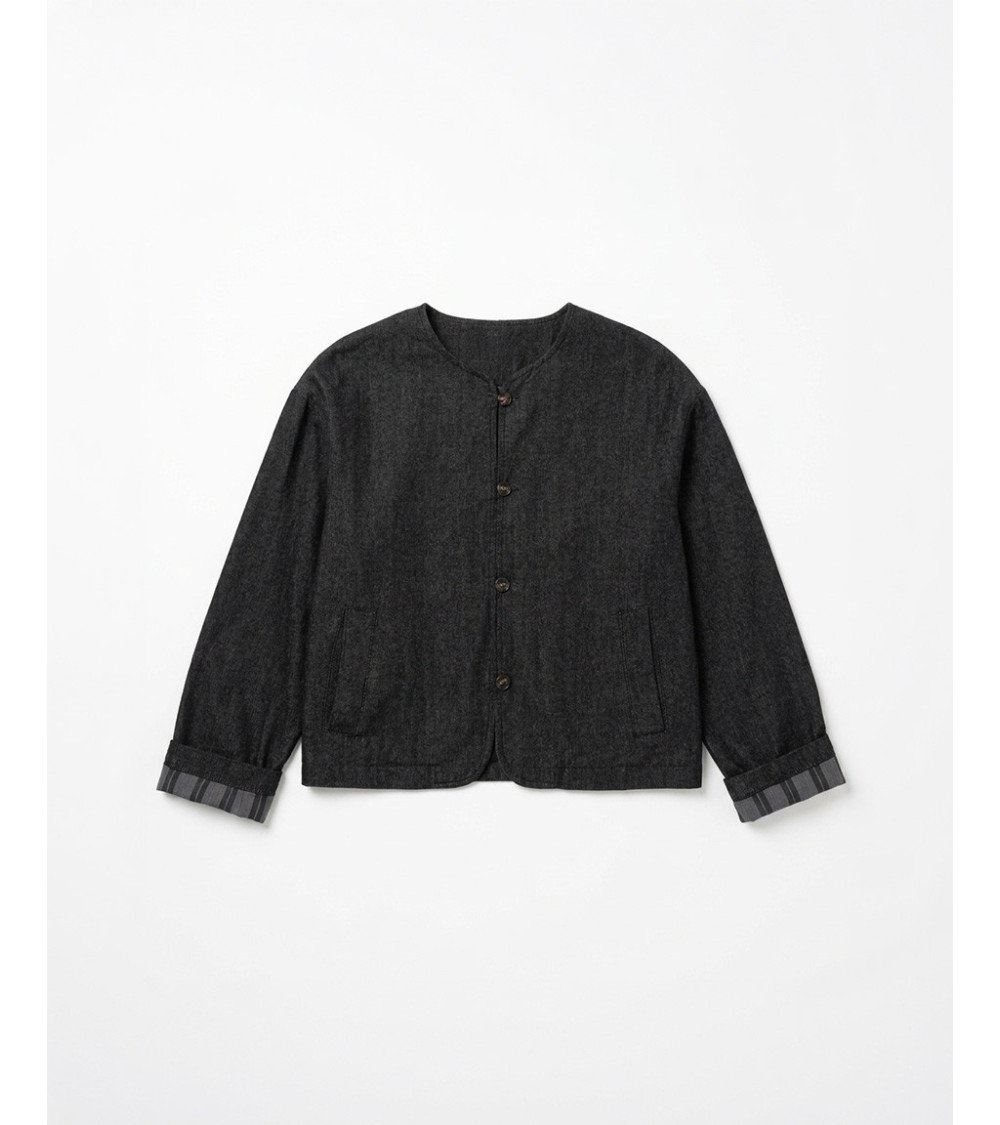CHAQUETA DENIM BOTONES CUELLO REDONDO RAYAS | MULAYA