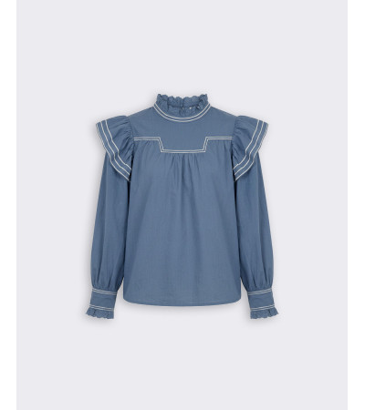 BLUSA HALTER ENCAJE BORDADO VOLANTES MANGA LARGA | MULAYA