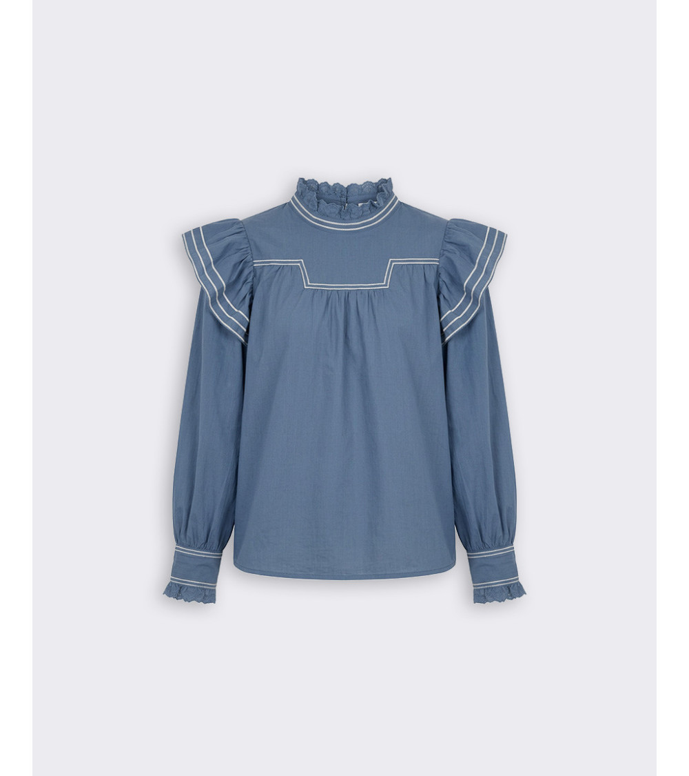 BLUSA HALTER ENCAJE BORDADO VOLANTES MANGA LARGA | MULAYA