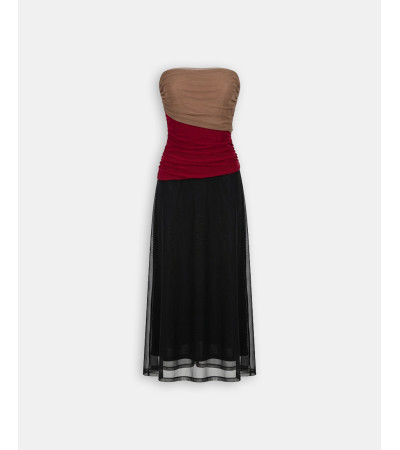 VESTIDO PALABRA HONOR PANELES MULTICOLOR FRUNCES | MULAYA