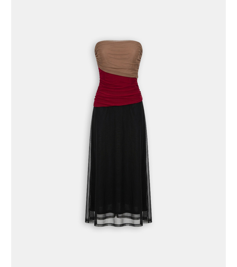 VESTIDO PALABRA HONOR PANELES MULTICOLOR FRUNCES | MULAYA