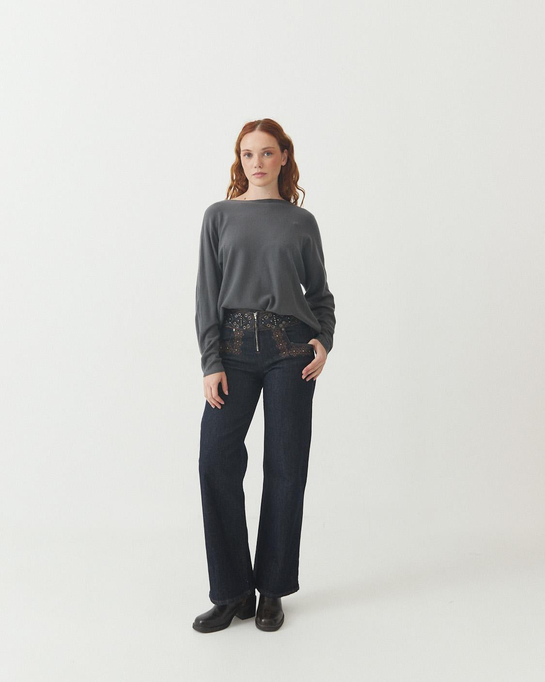 JEANS WIDE LEG BORDADOS EYELETS