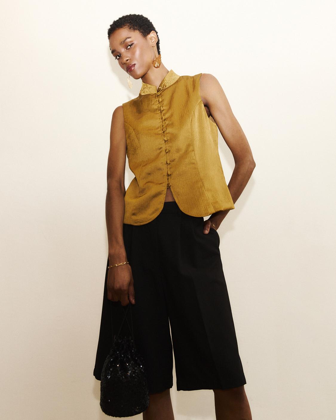 EMBROIDERED MANDARIN COLLAR SATIN TOP