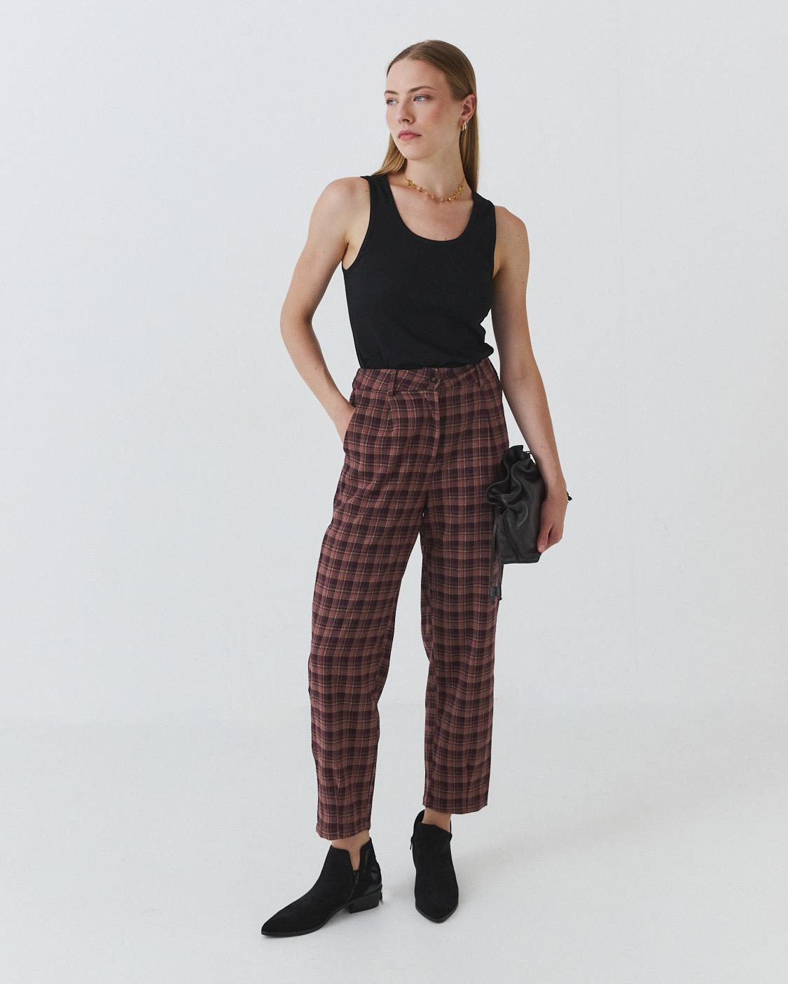 CHECKED FLOWY BARREL PANTS